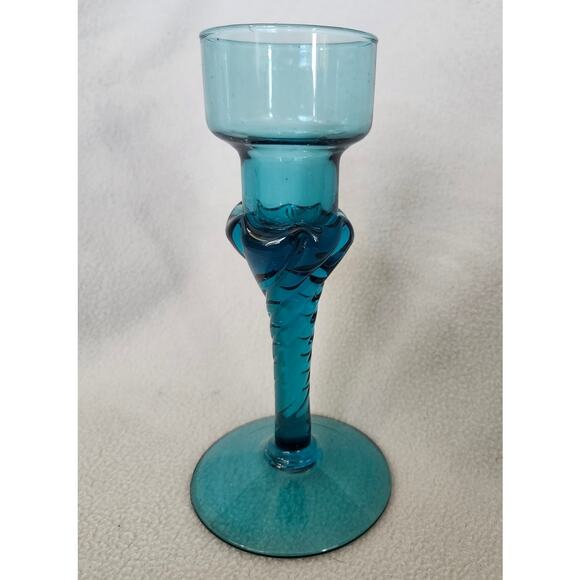 Vintage Peedee Glass Italy Empoli Blue Glass Twisted Stem Candle Holder Teal - Picture 2 of 7